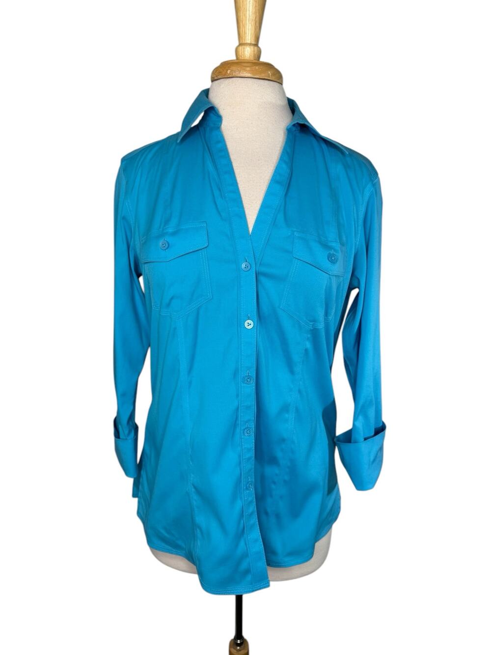 FOXCROFT Water Teal Blue Fitted Fit Non-Iron Stretch Button Up Shirt Size 10